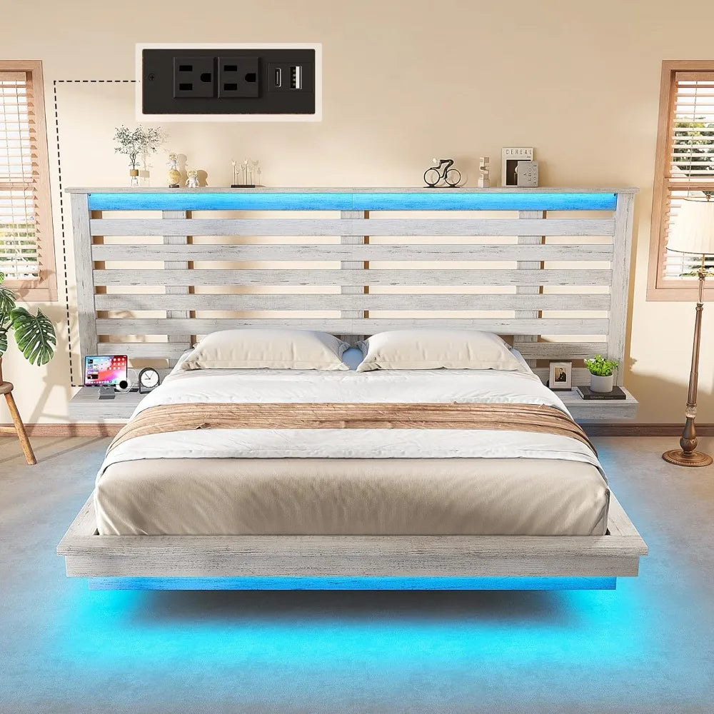 Queen Size Floating Bed Frame with LED Light & Charging Station, Wooden Platform Bed with Extended Headboard & Nightstands