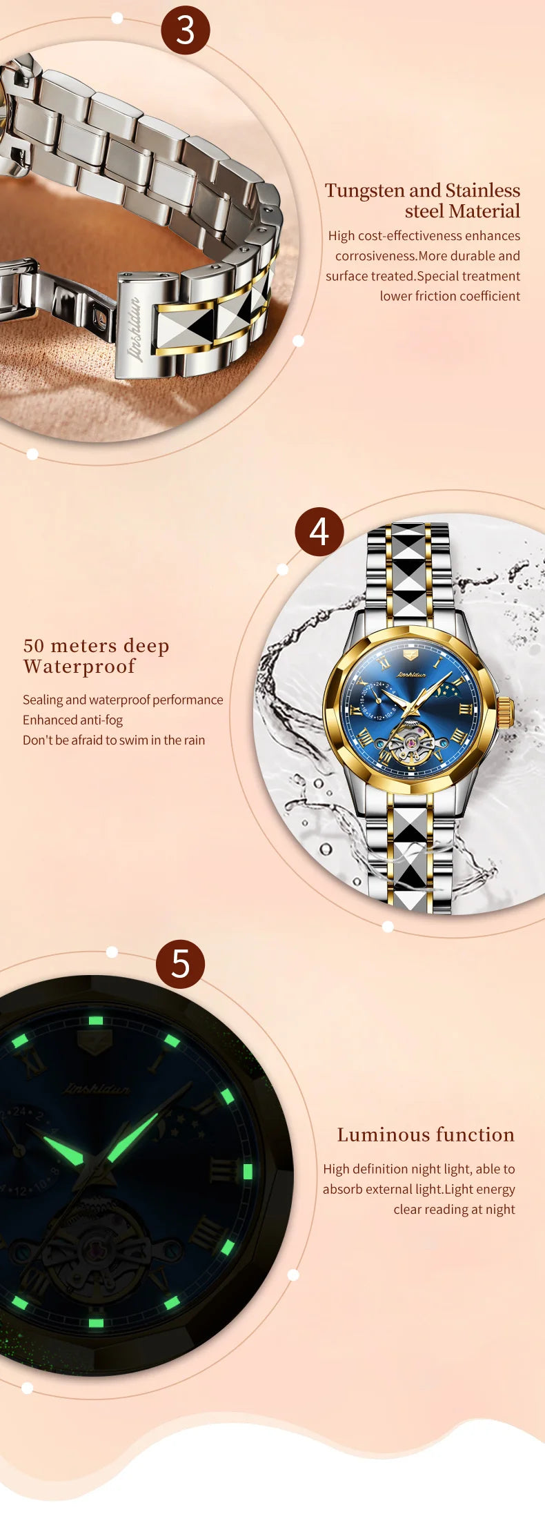 JSDUN 8937 Luxury Elegant Mechanical Wristwatch Roman Scale 50M Waterproof Watch For Women Hollow Skeleton Fashion Dress Watches Brief Boxers