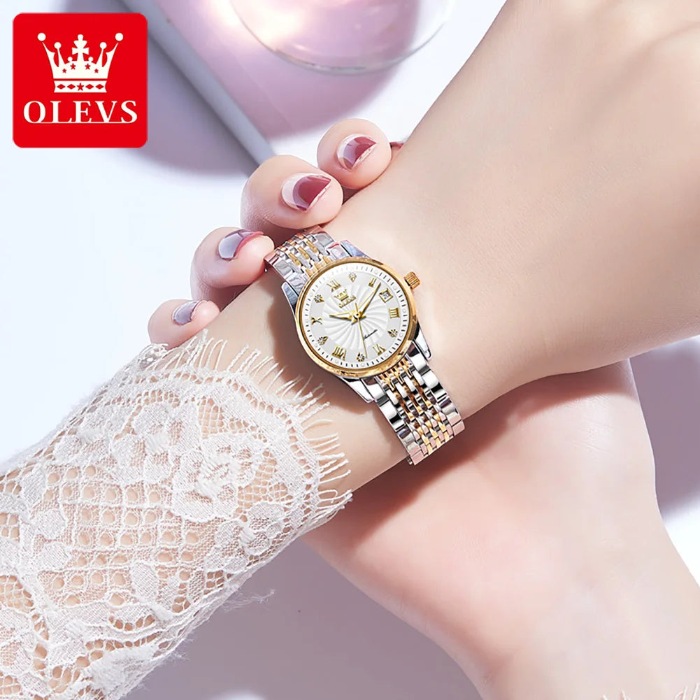 OLEVS 6630 Auto Date Mechanical Watch For Women Stainless Steel Luminous Fashion Wristwatch Roman Scale Waterproof Woman Watches Brief Boxers