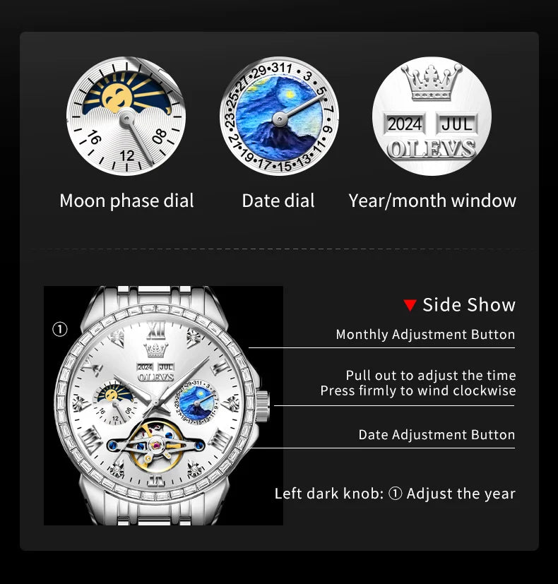 OLEVS 6712 Original Moon Phase Men Automatic Watch Hollow Skeleton Date Mechanical Watch For Men Waterproof Luxury Wristwatch Brief Boxers