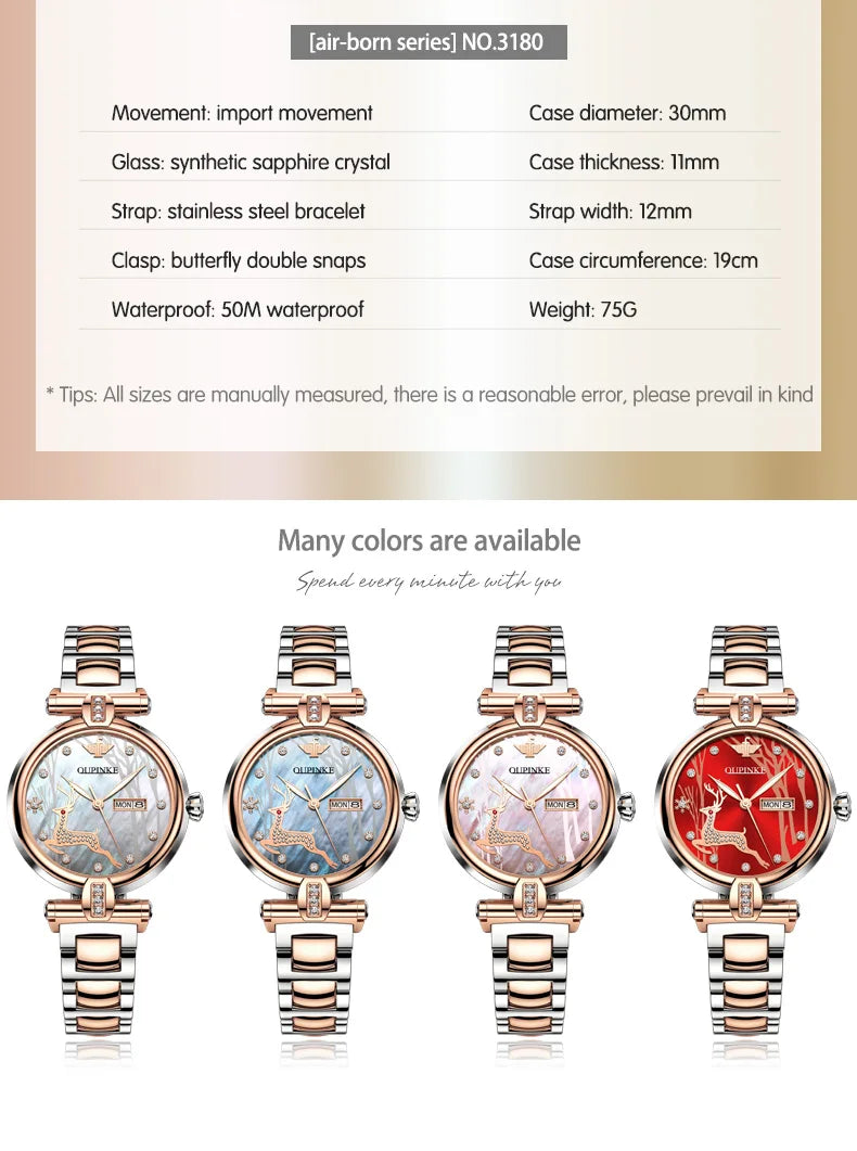 OUPINKE 3180 Automatic Mechanical Watch For Women Top Brand Luxury Dual Calendar Ladies Wristwatch 50M Waterproof  Dress Watches Brief Boxers