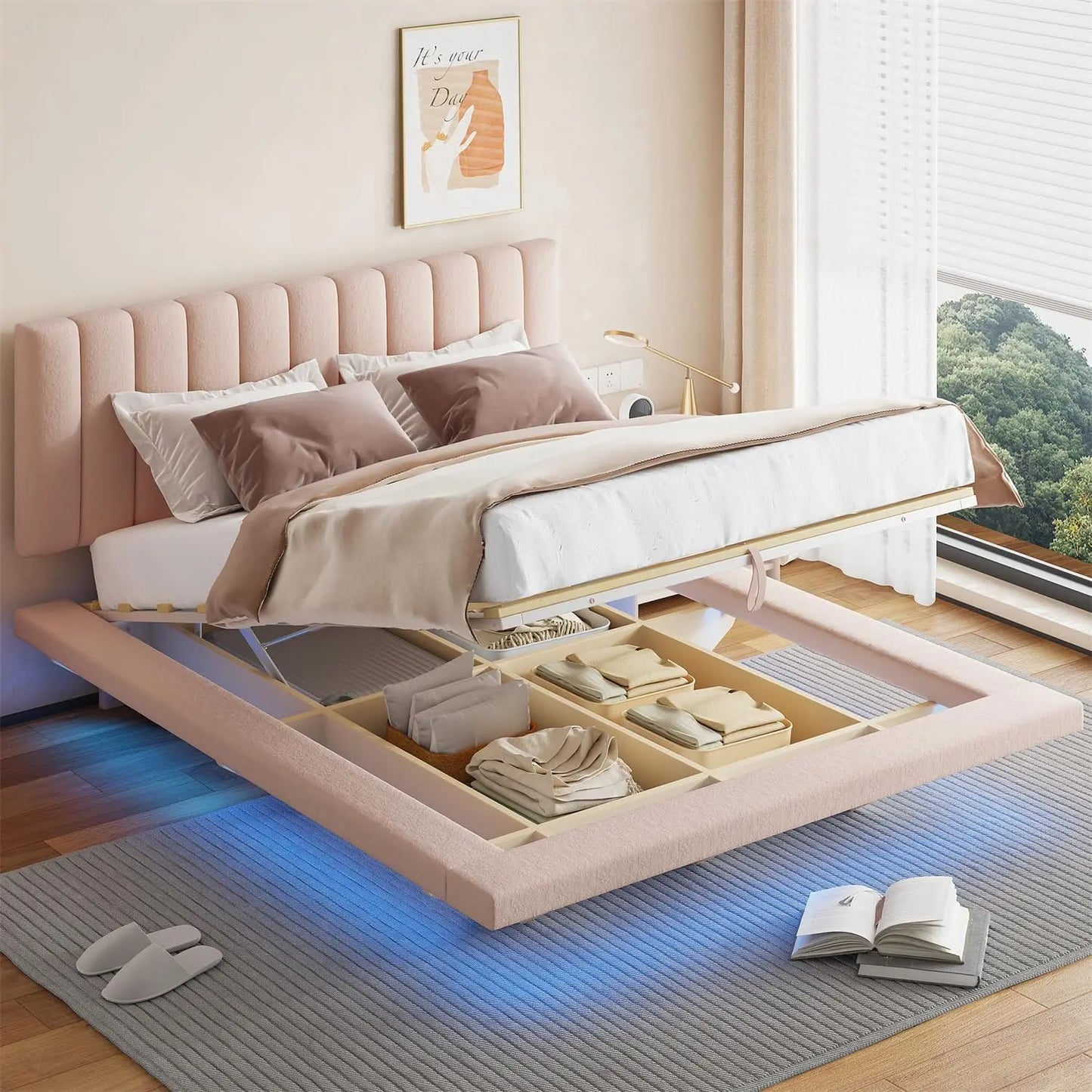 Queen Floating Bed with LED Lights，USB Charging Ports, Velvet Upholstered Bed Frame with Headboard，Hydrualic Storage Bed