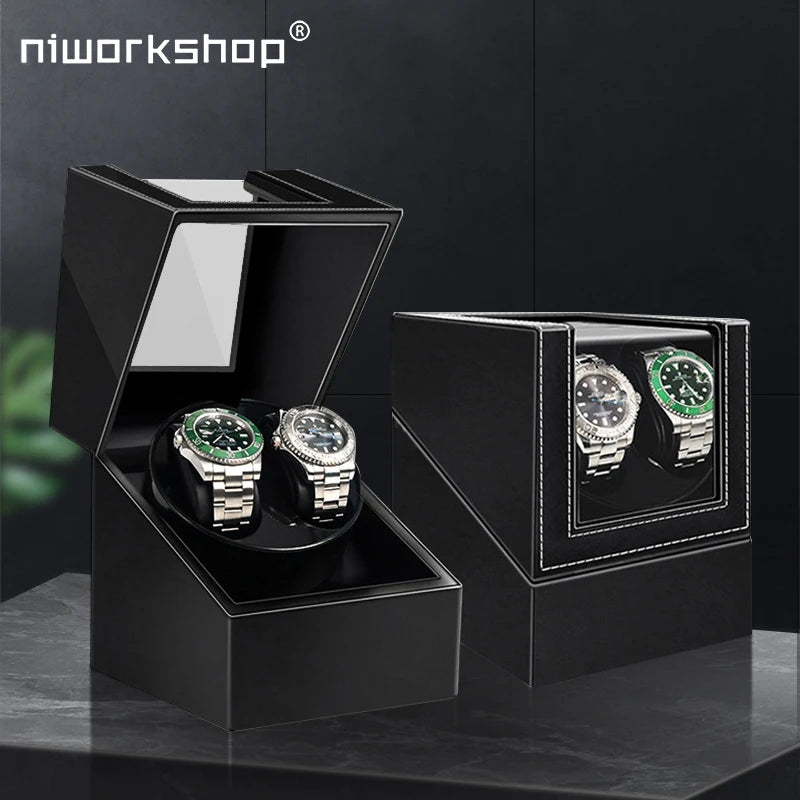 1pc Niworkshop 2 Slots Automatic Watch Winder, Luxury PU leather Watch Box with Silent Motor, Flexible Watch Pillow Brief Boxers