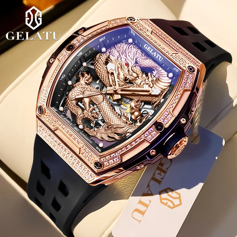 GELATU 6021 Hollow Dragon Luxury Mechanical Watch For Men Big Dial Automatic Wristwatch Deep Waterproof Luminous Man Watches Brief Boxers