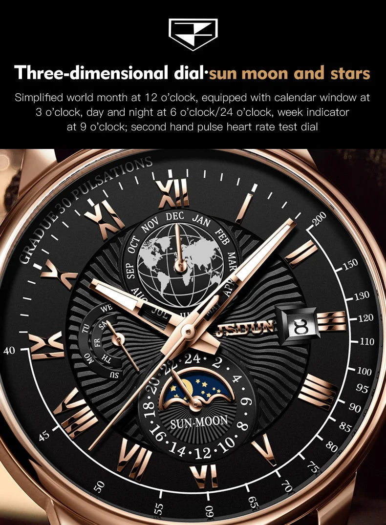 JSDUN 8909 Top Brand Mechanical Watch For Men 24 Hours Display Original Wristwatch Moon Phase Waterproof Classic Man Watches Brief Boxers