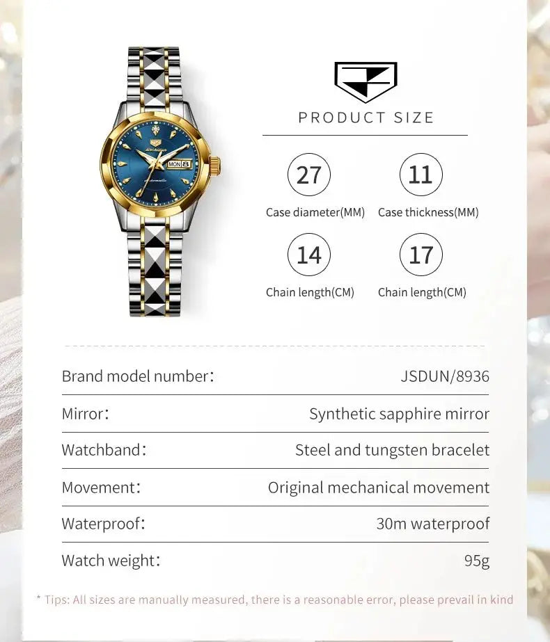 JSDUN 8936 Original Elegant Mechanical Woman Wristwatch Week Date Display Automatic Watch For Women Luxury Waterproof Watches Brief Boxers