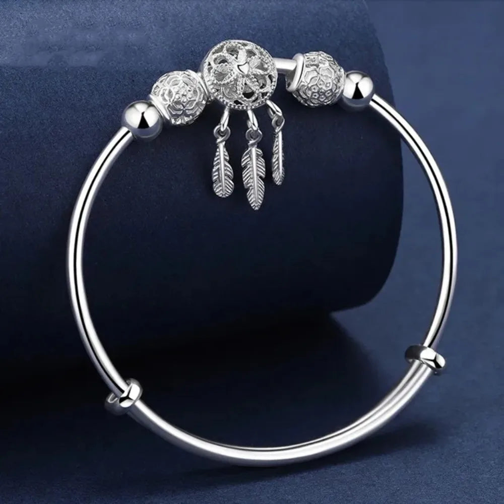 Silver Color Dreamcatcher Tassel Feather Lucky Bead Bracelet Bangle for Women Fashion Original Party Wedding Jewelry Gift Brief Boxers