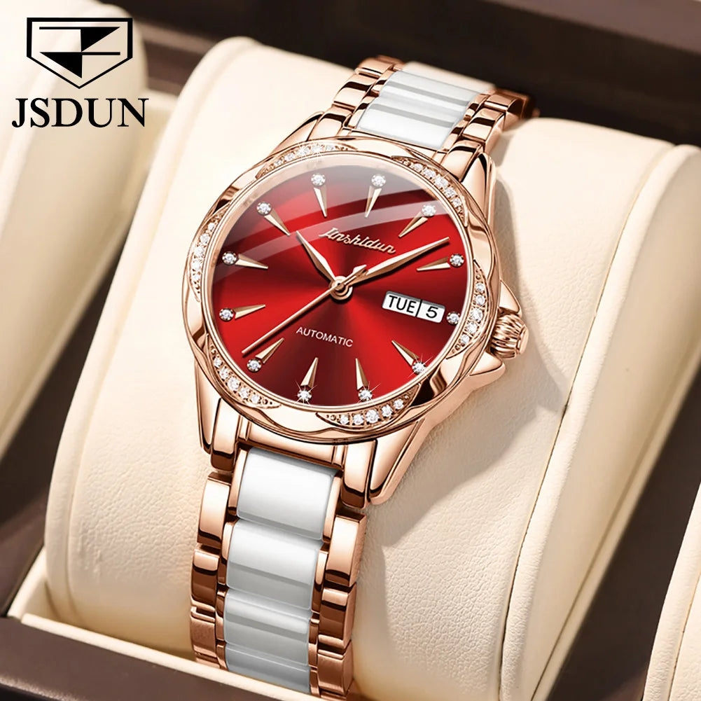 JSDUN 8821 Dual Calendar Mechanical Watch For Women Ceramic Steel Strap Luxury Wristwatch Sapphire Mirror Waterproof Woman Watch Brief Boxers