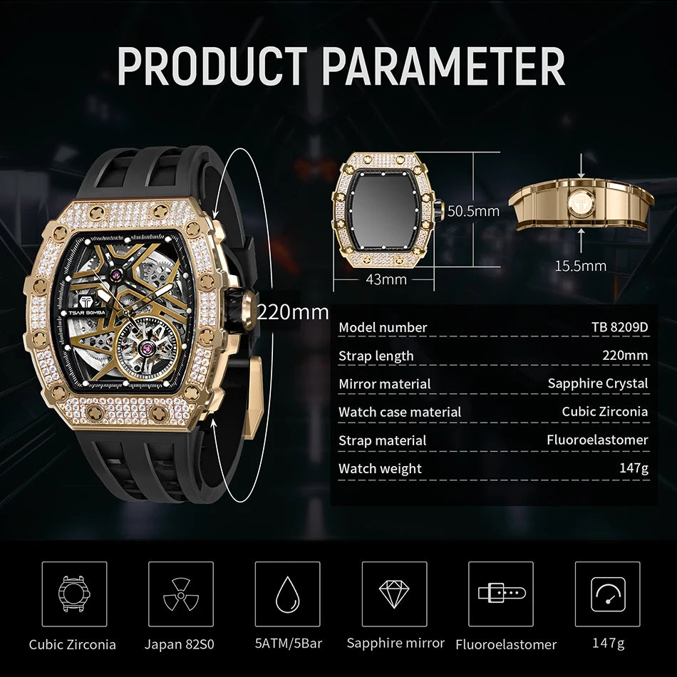 TSAR BOMBA Luxury Diamond Automatic Watch for Men Waterproof Sapphire Clock Fashion Skeleton Mechanical Wristwatch Mens Gift Brief Boxers