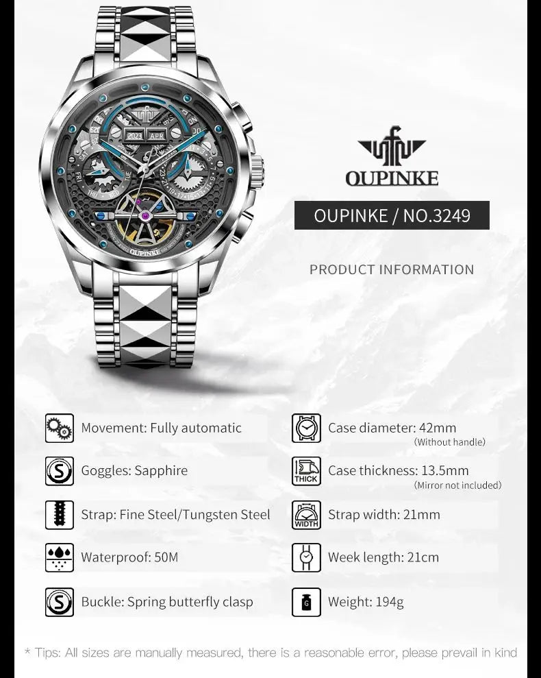 OUPINKE 3249 Top Brand Original Mechanical Watch For Men Hollow Skeleton Synthetic Sapphire Mirror Wristwatch Waterproof Watches Brief Boxers