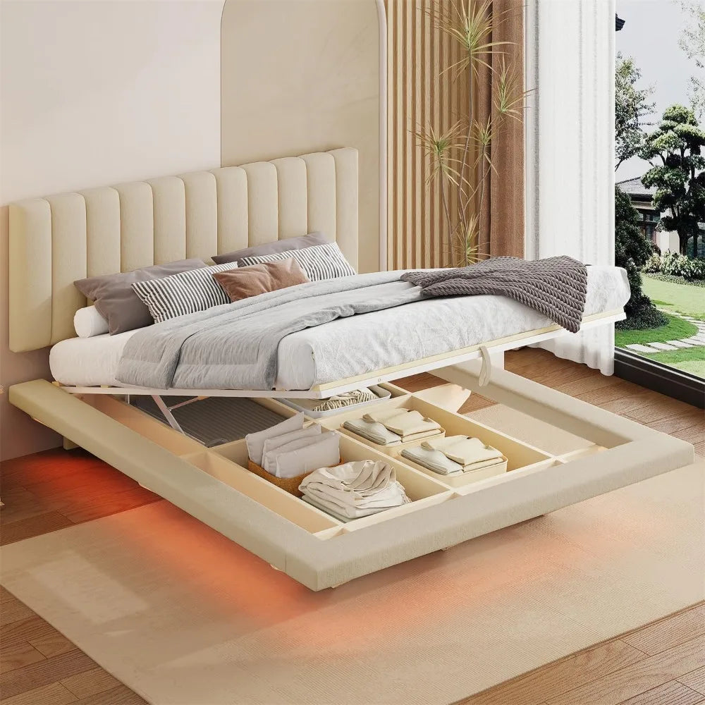 Queen Floating Bed with LED Lights，USB Charging Ports, Velvet Upholstered Bed Frame with Headboard，Hydrualic Storage Bed