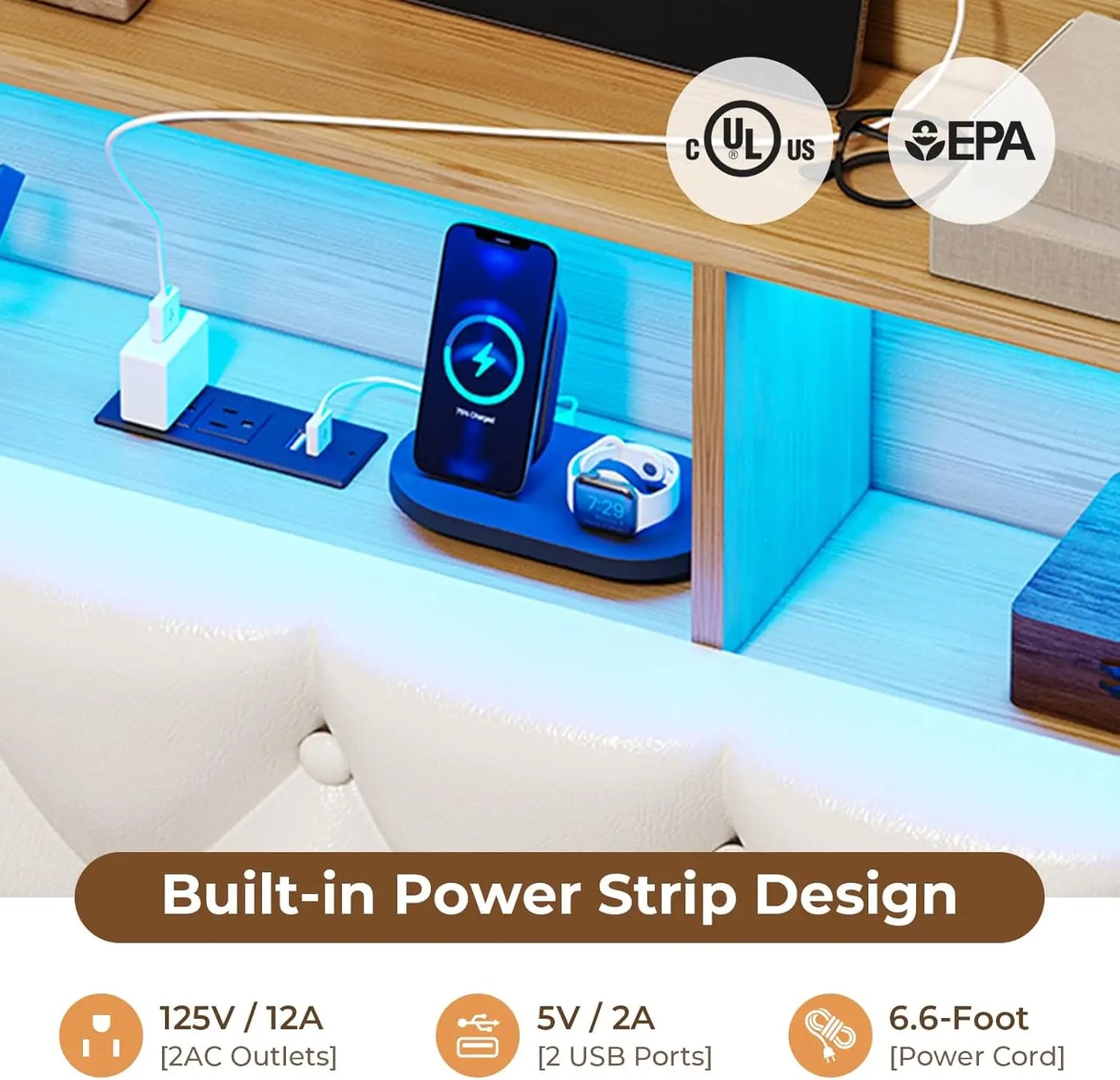 Floating Bed Frame, Floating Platform Bed with Charging Station with LED Lights & Storage Headboard, Modern LED Floating Bed