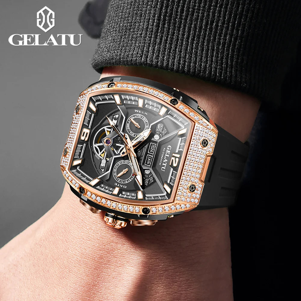 GELATU 6016 Diamond Hollow Man Mechanical Wristwatch Auto Date Deep Waterproof Watch For Men Luxury Silicone Strap Dress Watches Brief Boxers